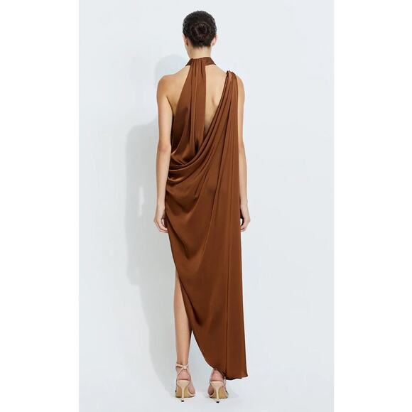 Sirapop Sara Satin Asymmetric Side-Drape Midi Dress in Camel NWTI – Size Small - Picture 3 of 17